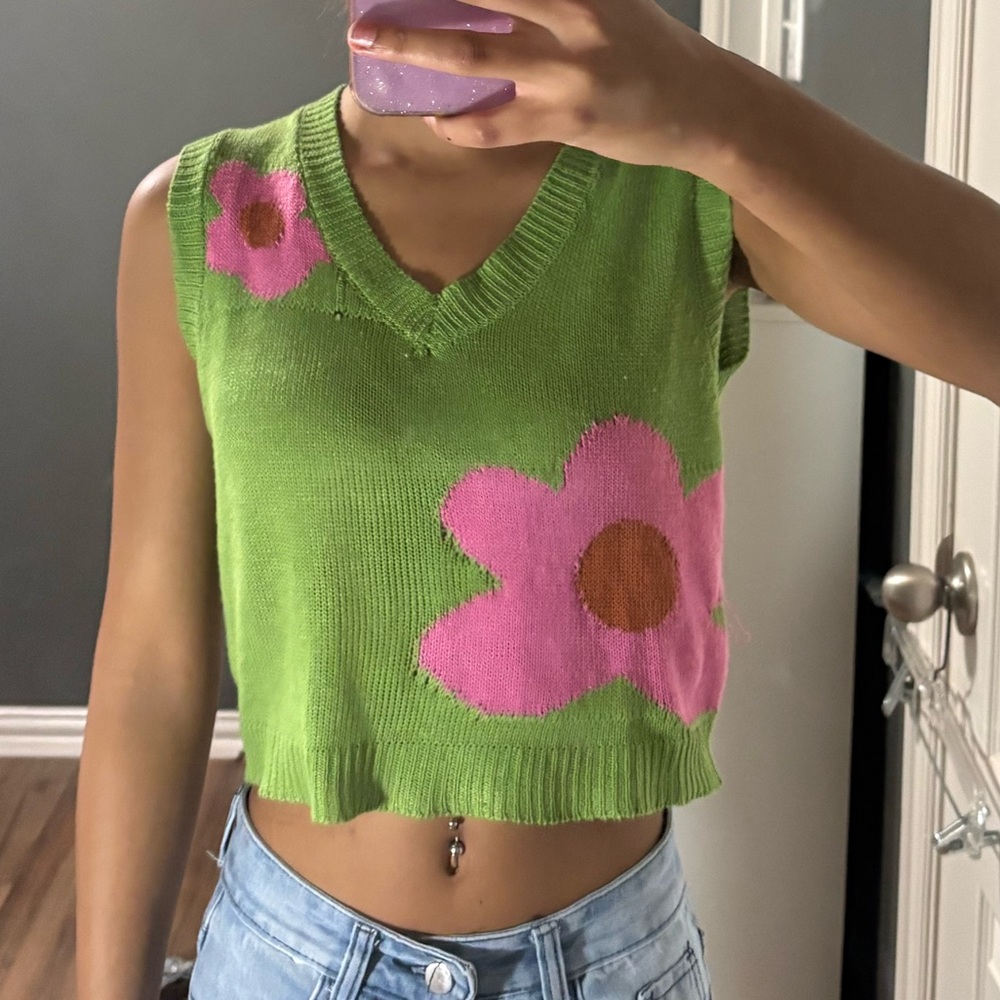 Green Floral Knit Crop Top